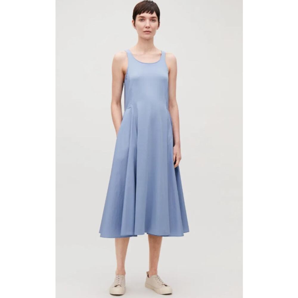 COS Woven Jersey Mix Sleeveless Tank Dress Scoop Neck Poplin Pleated Midi Flared